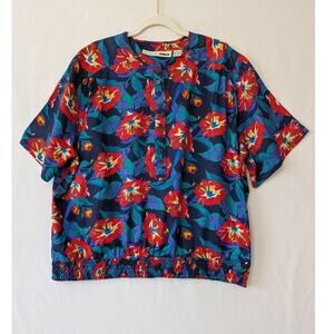 Chaus Woman VTG Hawaiian Floral‎ Blouse 2X Short Sleeve Blue Red Elastic Waist